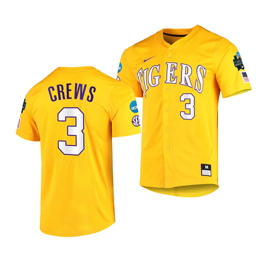 College World Series Dylan Crews LSU Tigers Gold Jersey Men #3