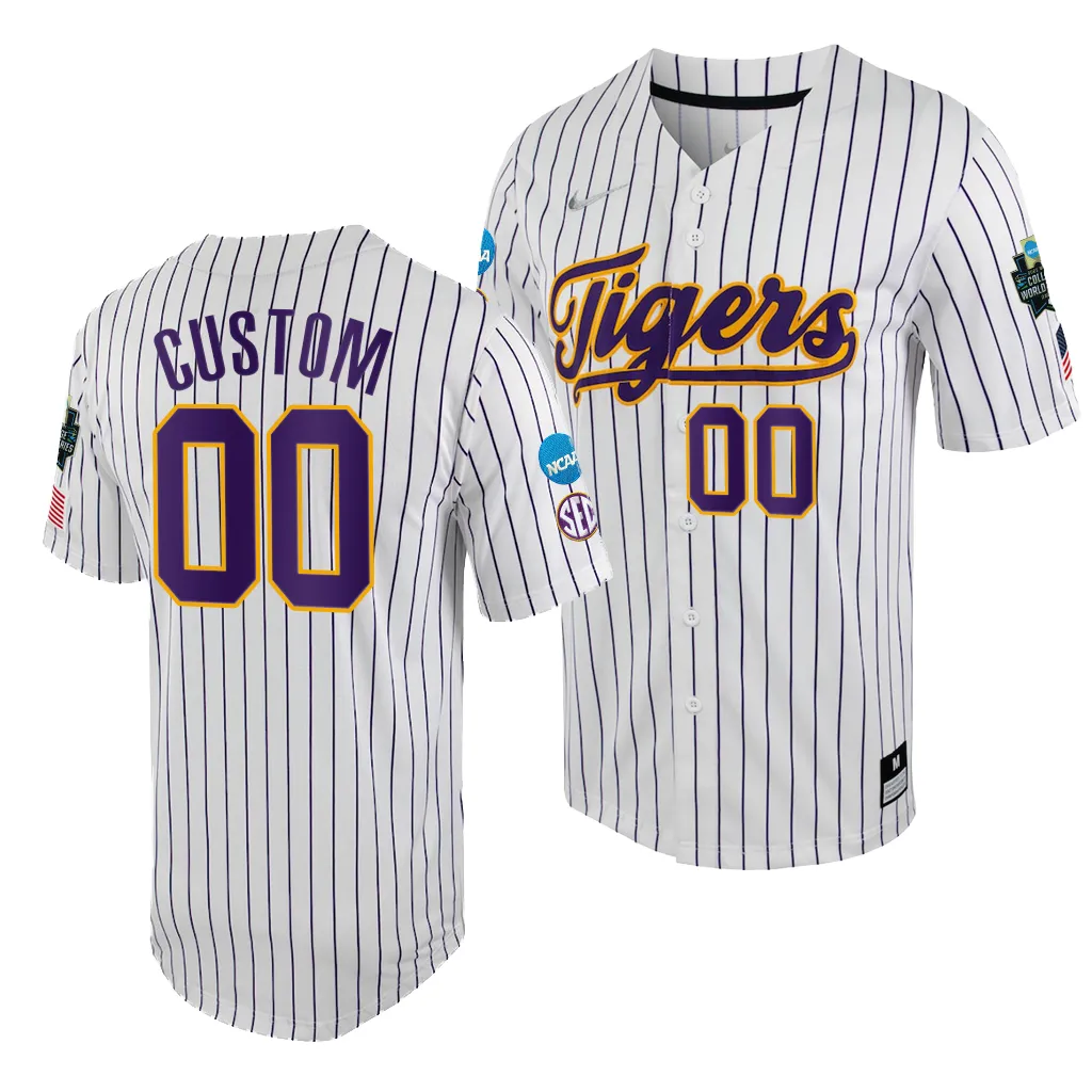 LSU Tigers Custom College World Series White Purple #00 Jersey