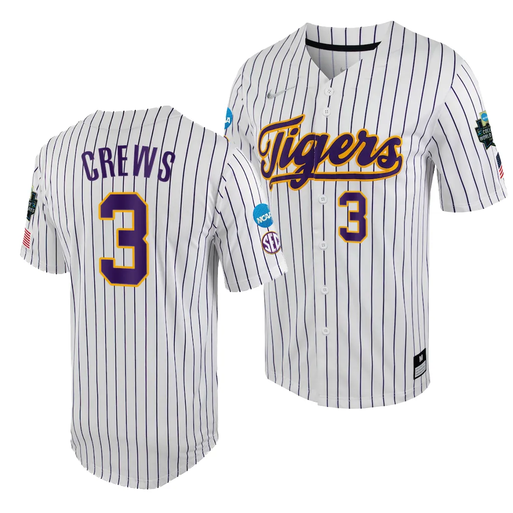 LSU Tigers Dylan Crews College World Series White Purple #3 Jersey