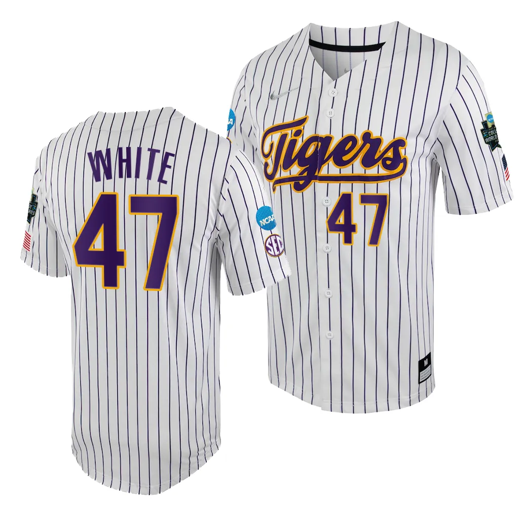 LSU Tigers Tommy White College World Series White Purple #47 Jersey